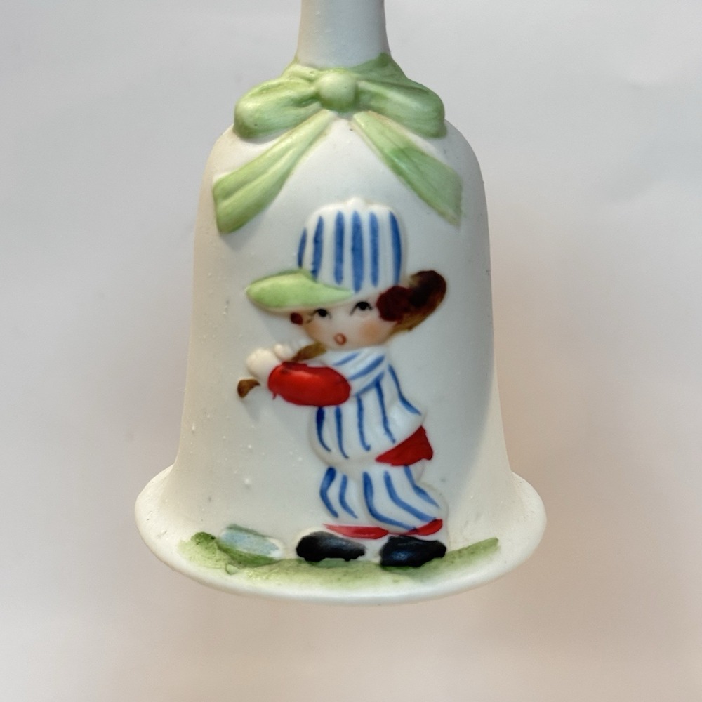 Vintage Jasco Bisque Porcelain Bell‎ w Green Bow & Baseball Boy Taiwan 5.5"